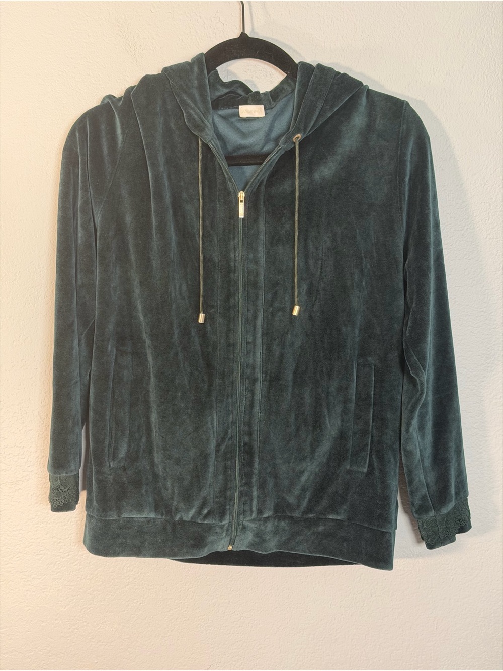 Zimmerli Velvet Velour Zip Hoodie Jacket in Deep Green Teal lace cuffs - S